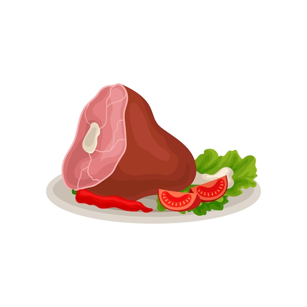 Smoked pork leg with fresh sliced tomatoes red chili pepper and lettuce leaf Meat on bone Appetizing holiday food Flat vector icon