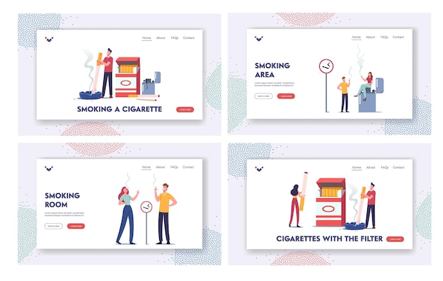 Smoker Characters Bad Habit Landing Page Template Set. Smoking Addiction Concept. Young Tiny People Smoke near Huge Cigarettes Box and Lighter in Public Place with Ashtray. Cartoon Vector Illustration