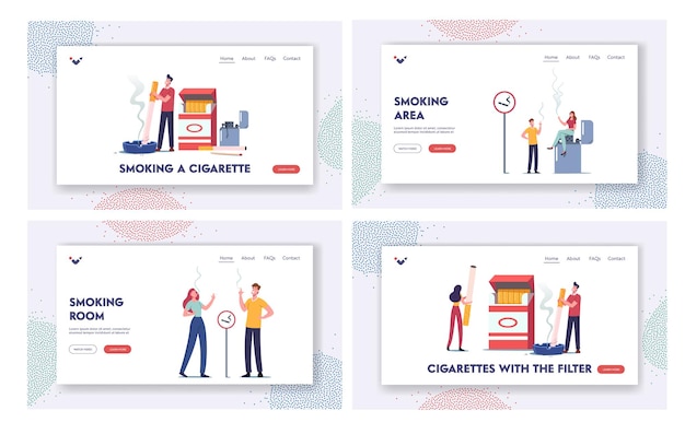 喫煙者のキャラクターの悪い習慣のランディングページテンプレートセット。喫煙依存症の概念。若い小さな人々は、灰皿で公共の場所で巨大なタバコの箱とライターの近くで喫煙します。漫画のベクトル図