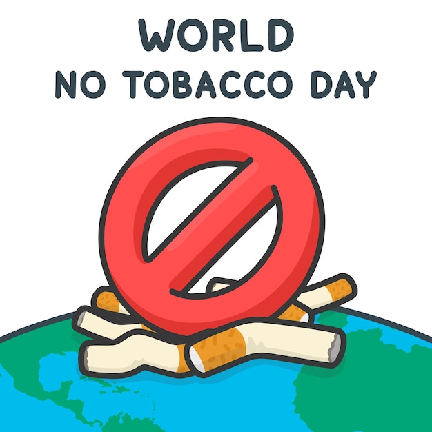 smoking ban symbol fall over a cigarette on earth in world no tobacco day kawaii doodle flat vector