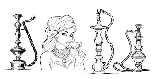 Set di narghilè da fumo, illustrazione vettoriale disegnata a mano in stile incisione vintage, ragazza orientale