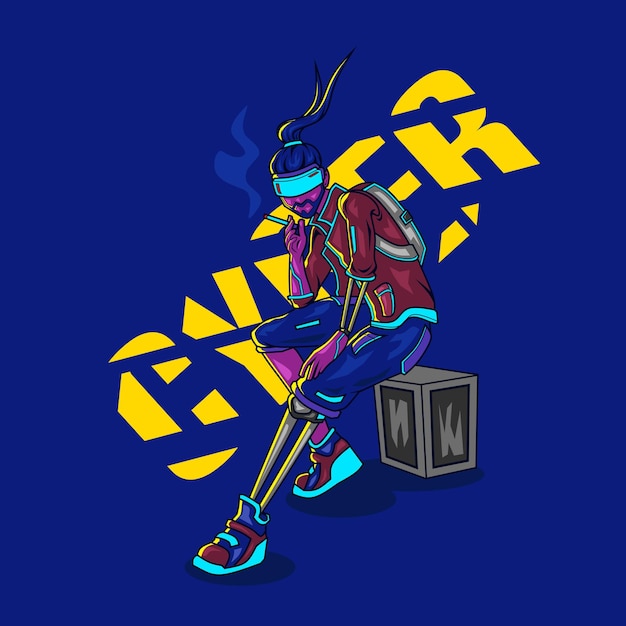 Smoking man cyberpunk style cartoon character illustration