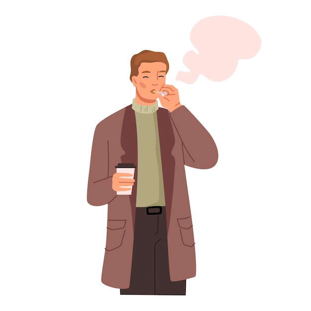 Smoking man with cup of coffee