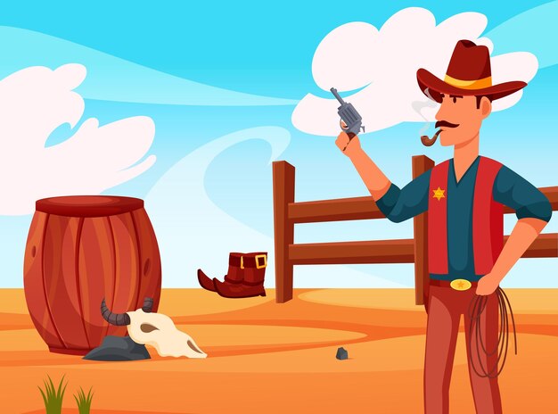 Vector smoking sheriff holding gun in desert