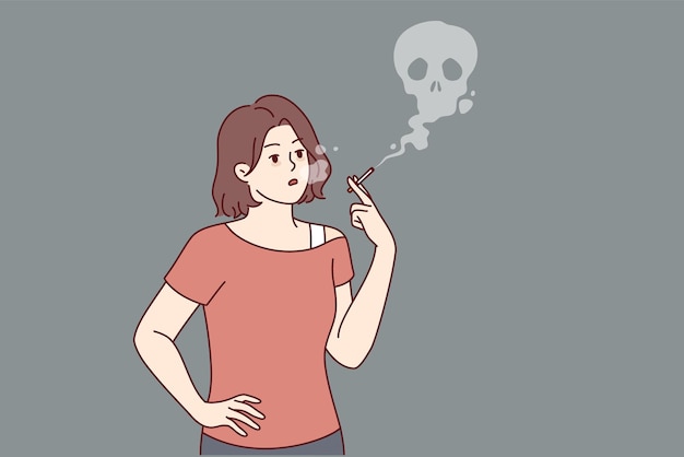 Вектор Курящая женщина с сигаретой в руке стоит возле черепа, сделанного из дыма, символизирующего смерть от никотина