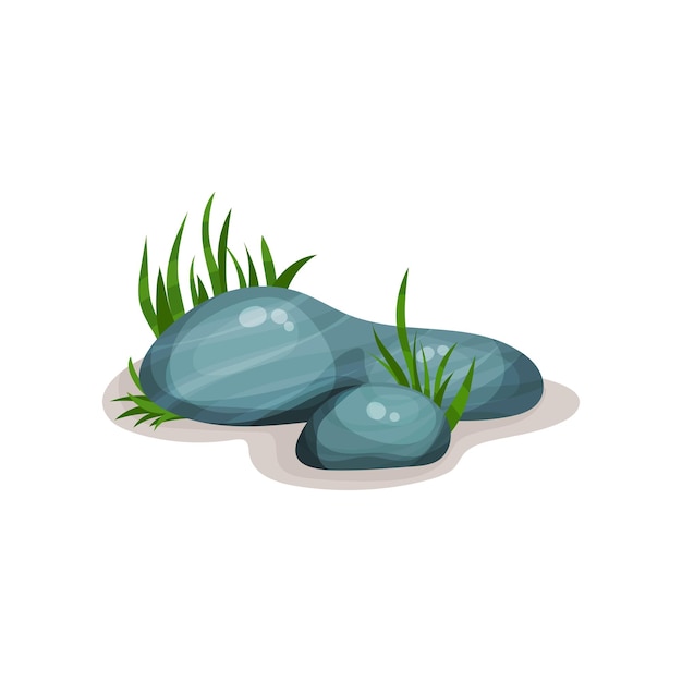 Smooth rounded rock stones with green grass design element of natural landscape vector Illustration on a white background