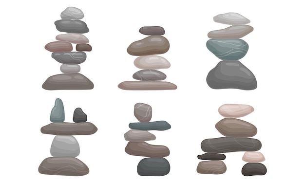 Vector smooth stones and pebbles balancing on each other creating tower vector set