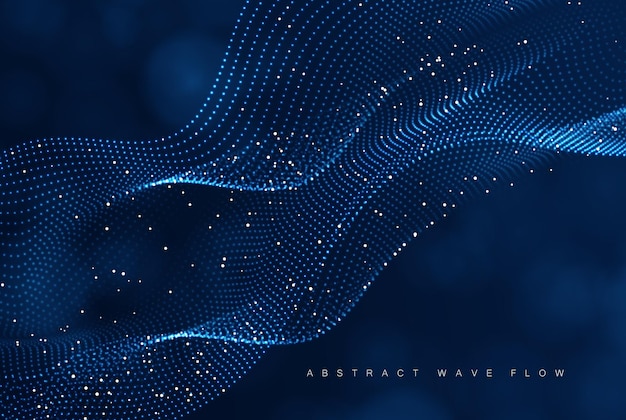 Smooth wave of smoke particles big data techno background with glowing dots blue color