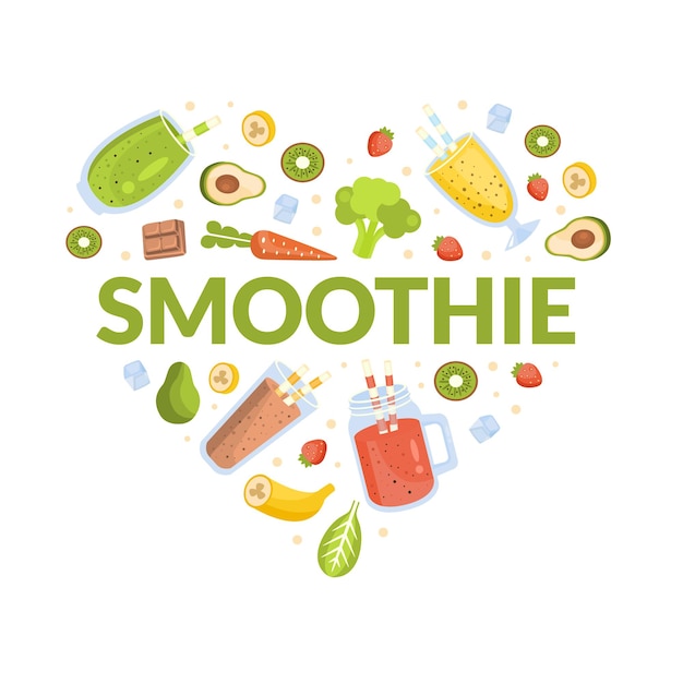 smoothie banner template healthy vitamin drinks and ingredients of heart shape tasty raw natural detox cocktail poster promotional leaflet cartoon vector illustration