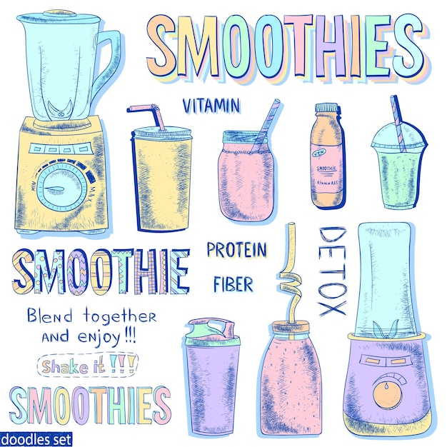 Smoothie doodles set gezonde levensstijl blender vruchtensap eiwitdrank detox shake