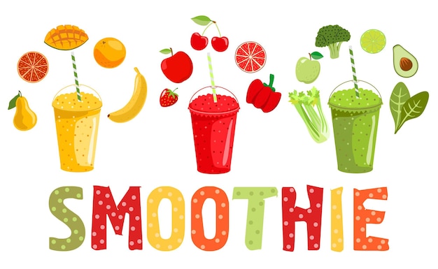 Smoothie groenten en fruit Cartoon smoothies in een vlakke stijl Sinaasappel aardbei bessen smoothie