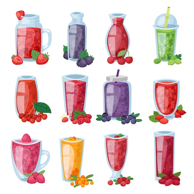 Bevanda sana della bacca del frullato in vetro o miscela fresca della bevanda dell'insieme dell'illustrazione del mirtillo e del lampone della fragola di succo berrylike