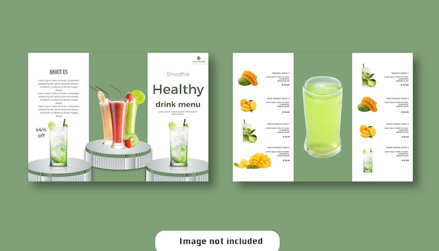 Продвижение меню здорового напитка смузи, фруктовый сок, тройная брошюра, 3d шаблон