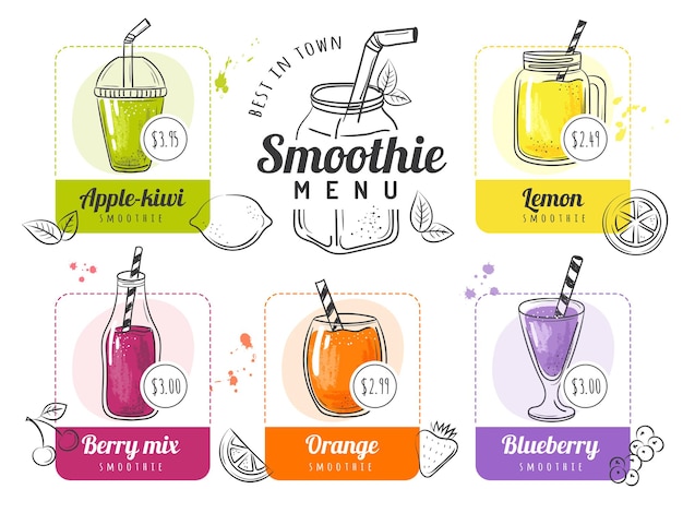 Smoothie-menu. Zomercocktaillijsten voor restaurant- of koffiedrankenmenu fruit vloeibaar voedsel