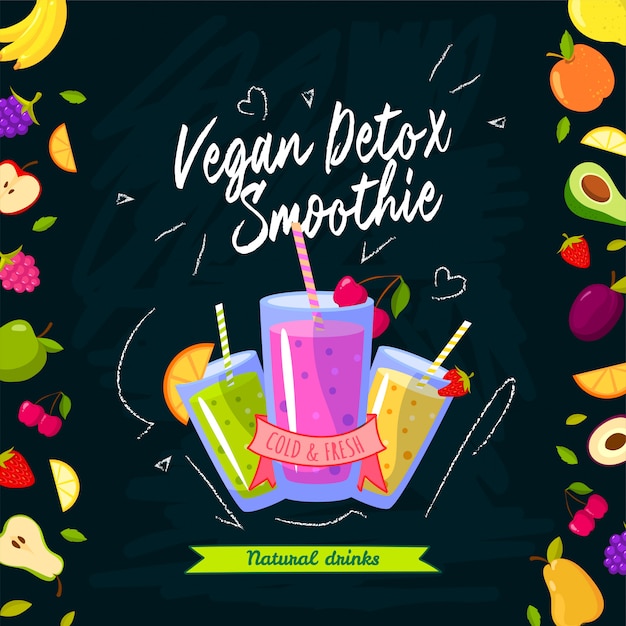 Smoothies tijd. vectorillustratie met verschillende smoothies en fruit op zwarte achtergrond