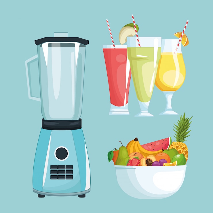 Vector smoothies with fruit bowl and mixer