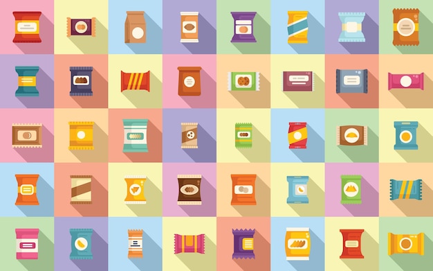 Snack pack icons set flat vector Candy bag