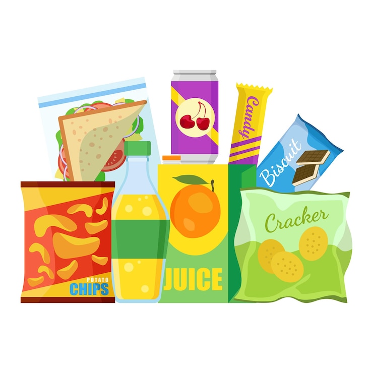 Vector snack product set fast food snacks drinks nuts chips cracker juice sandwich isolated on white background unhealthy junk food flat illustration in vector