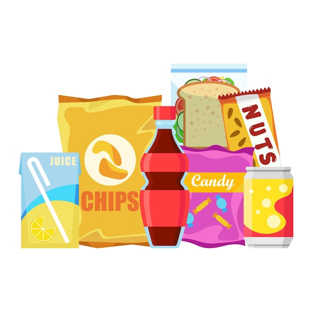 Vector snack product set fast food snacks drinks nuts chips cracker juice sandwich isolated on white background unhealthy junk food flat illustration in vector