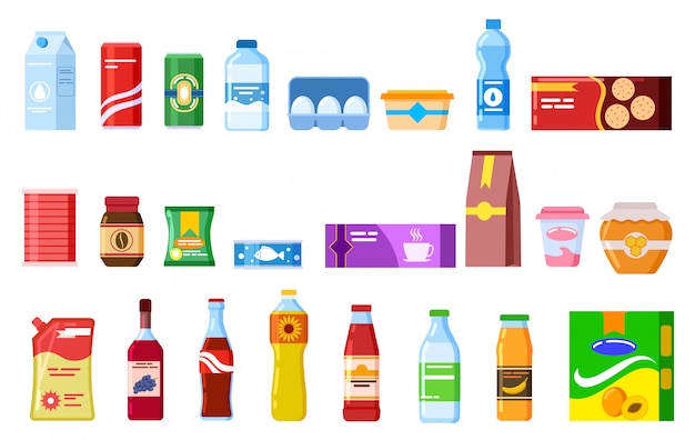 snack products. biscuit water juice biscuits cola ketchup yogurt coffee soup. packed cooking product flat vector isolated icons set