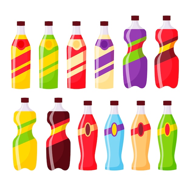 Snack set fast food drinks products beverage bottles with water\
or juice for vending machine food store elements for lunch box or\
market design cartoon style vector