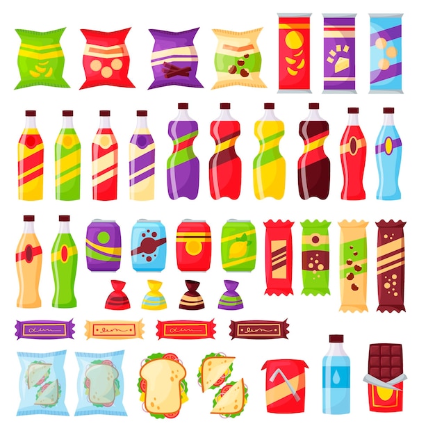 Snack set fast food en dranken producten Drankflessen sandwith in pack frisdrank en sap voor automaat Voedsel winkel elementen voor lunchbox of markt ontwerp cartoon stijl vector