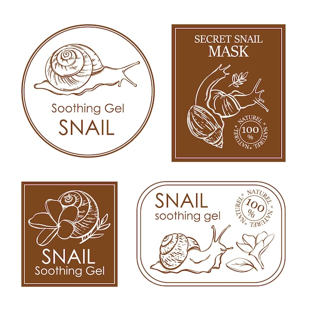 Snail cosmetics labels organic preparations for beauty store