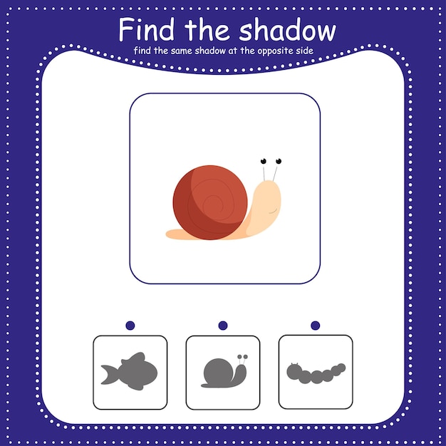 Улитка Найди правильную тень Развивающая игра для детей Мультфильм векторная иллюстрация