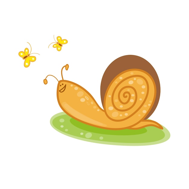 Vector snail on a green leaf butterflies