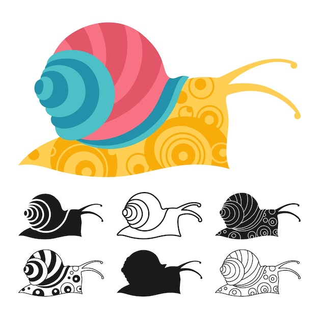 Snail ornament cartoon set mollusk silhouette vorm symbool doodle vector kind gedetailleerd grafisch ontwerp