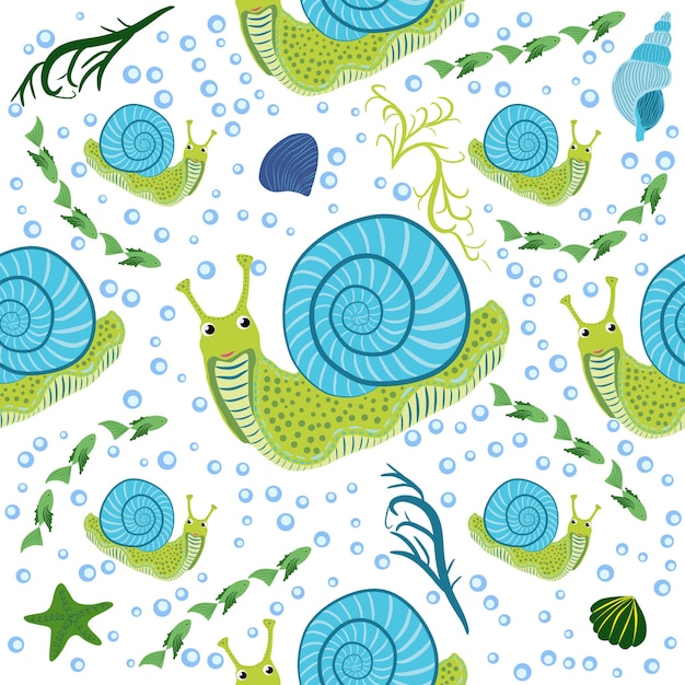 Vector snail sea inhabitants seamless pattern beautiful character among seashells seaweed starfish sea animals of wildlife