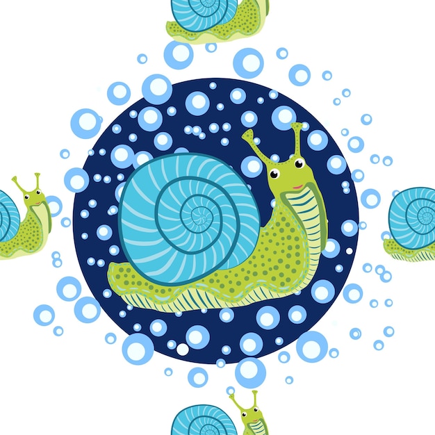 Snail sea inhabitants seamless pattern beautiful character among seashells seaweed starfish sea animals of wildlife