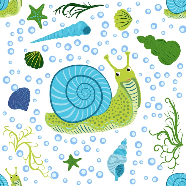 Snail sea inhabitants seamless pattern beautiful character among seashells seaweed starfish sea animals of wildlife