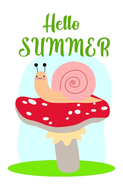 A snail sits on a mushroom with an rad hat Vector illustration for design Hello summer card EPS