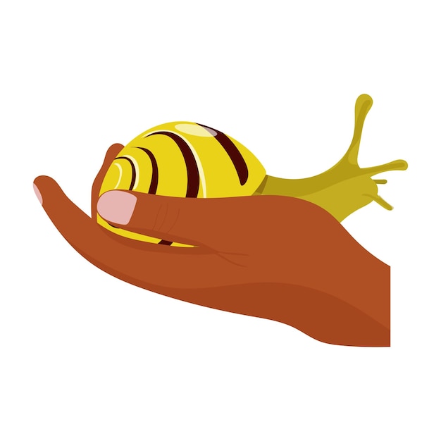 인간의 손에 앉아 있는 달팽이 Snailpet은 사람 개념 벡터 그림과 상호 작용합니다.
