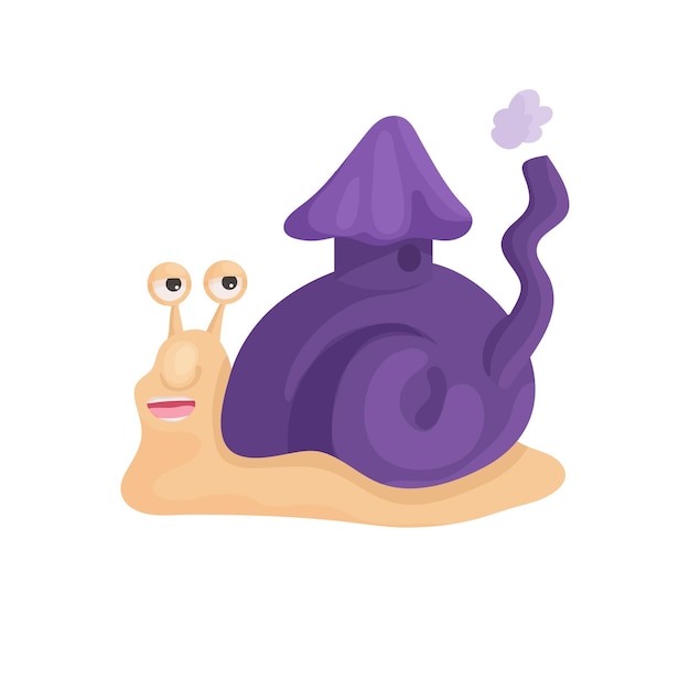 Snail with a purple shell in a cartoon style The snail looks funny the shell is shaped like a house with a pipe For children's books clothes postcards