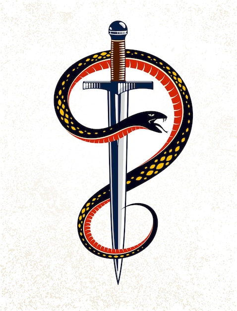 Snake and Dagger, Serpent wikkelt zich rond een zwaard vector vintage tattoo, Life is a Fight concept, allegorisch logo of embleem van oud symbool.