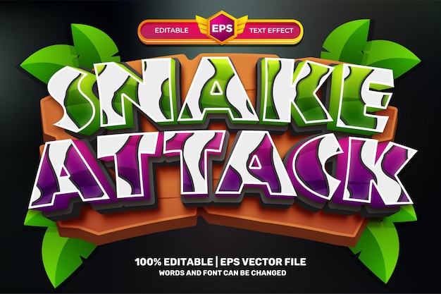Атака змеи, мультяшное приключение, жирный 3d редактируемый текст, стиль эффекта