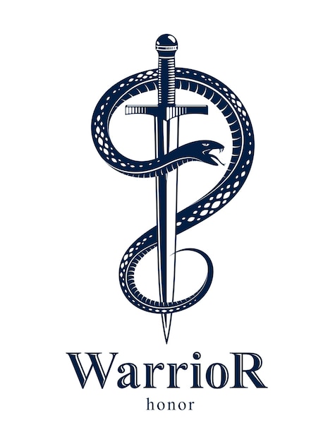 Snake and Dagger, Serpent wraps around a sword vector vintage tattoo, Life is a Fight concept, allegorical logo or emblem of ancient symbol.