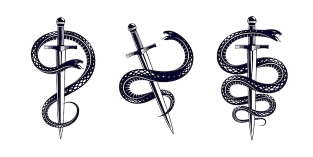 Snake and Dagger, Serpent wraps around a sword vector vintage tattoo, Roman god Mercury, luck and trickery, allegorical logo or emblem of ancient symbol.