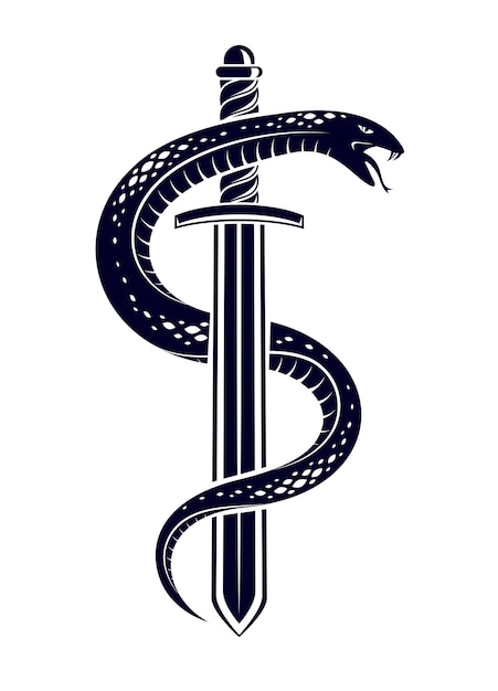 Vettore serpente e pugnale, serpente avvolge un tatuaggio vintage vettoriale di spada, dio romano mercurio, fortuna e inganno, logo allegorico o emblema di un antico simbolo.