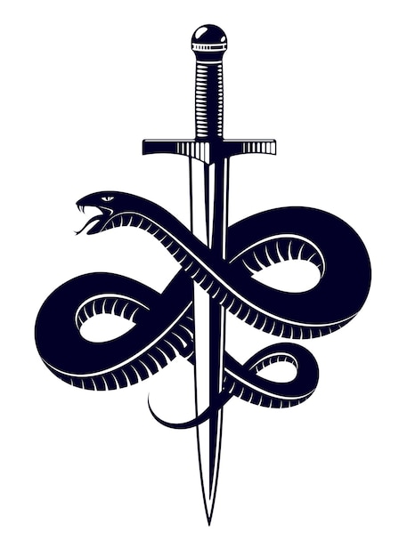 Snake and Dagger, Serpent wraps around a sword vector vintage tattoo, Roman god Mercury, luck and trickery, allegorical logo or emblem of ancient symbol.