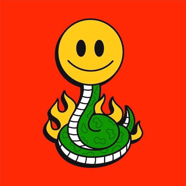 Serpente nel fuoco con stampa di t-shirt con faccina emoji sorridente. illustrazione del personaggio dei cartoni animati di logo disegnato a mano di vettore. serpente, faccina sorridente, stampa bruciata per t-shirt, poster, copertina, concetto di adesivo