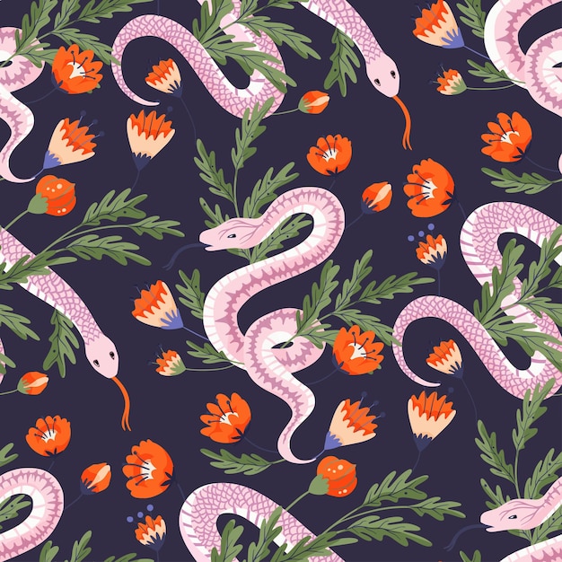 Snake floral seamless pattern Vector flower magic mystic boho background