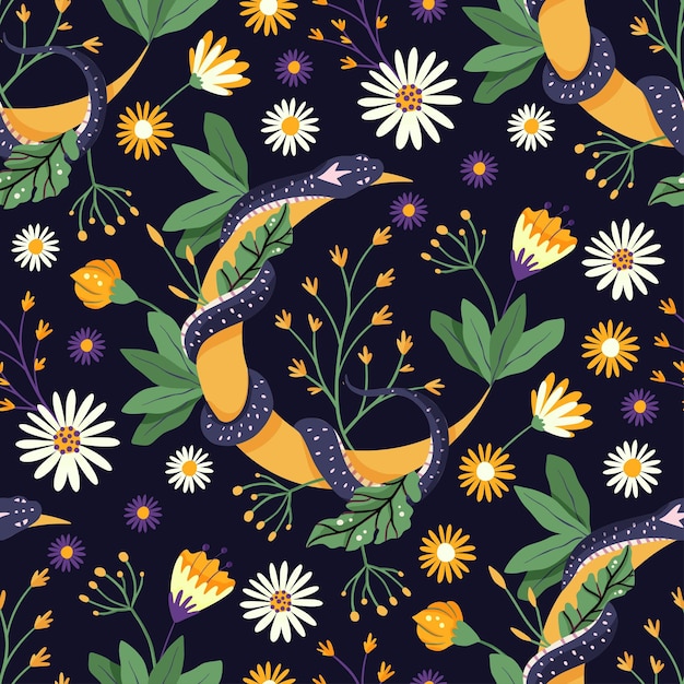 Snake and flower seamless vector pattern