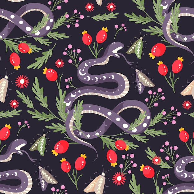 Snake and flower vector seamless pattern