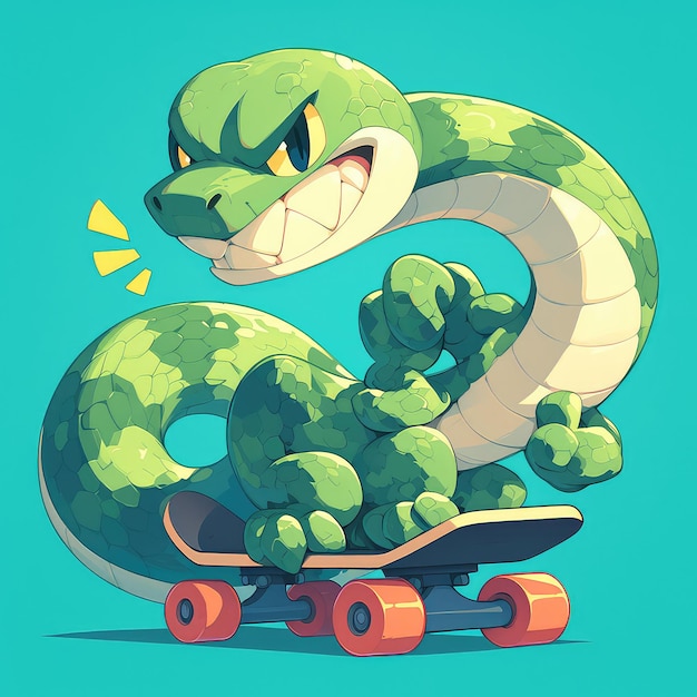 Змея катается на скейтборде в стиле мультфильмов.