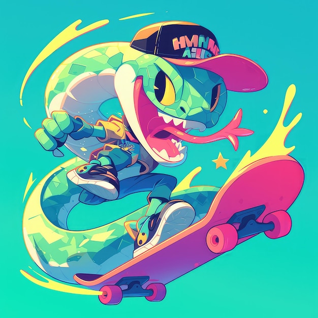 A snake is skateboarding cartoon style