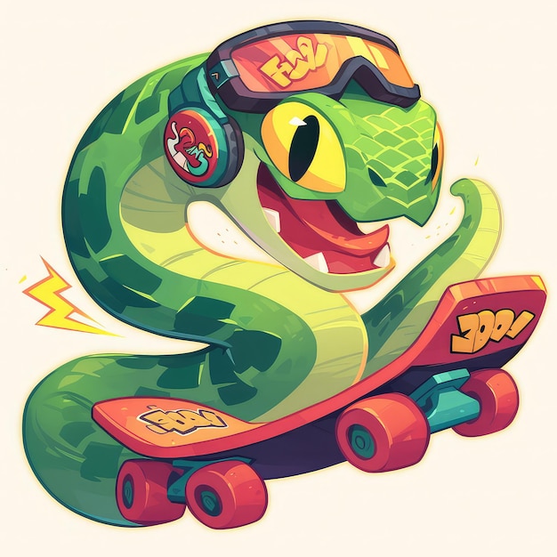 Un serpente fa skateboard in stile cartone animato