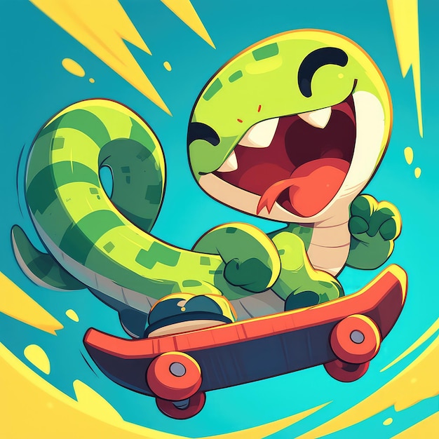 A snake is skateboarding cartoon style